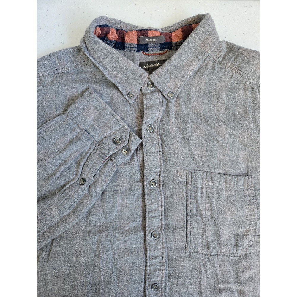 Eddie Bauer Men's XL Tall Classic Fit 100% Cotton Plaid Lined Gray Button Down